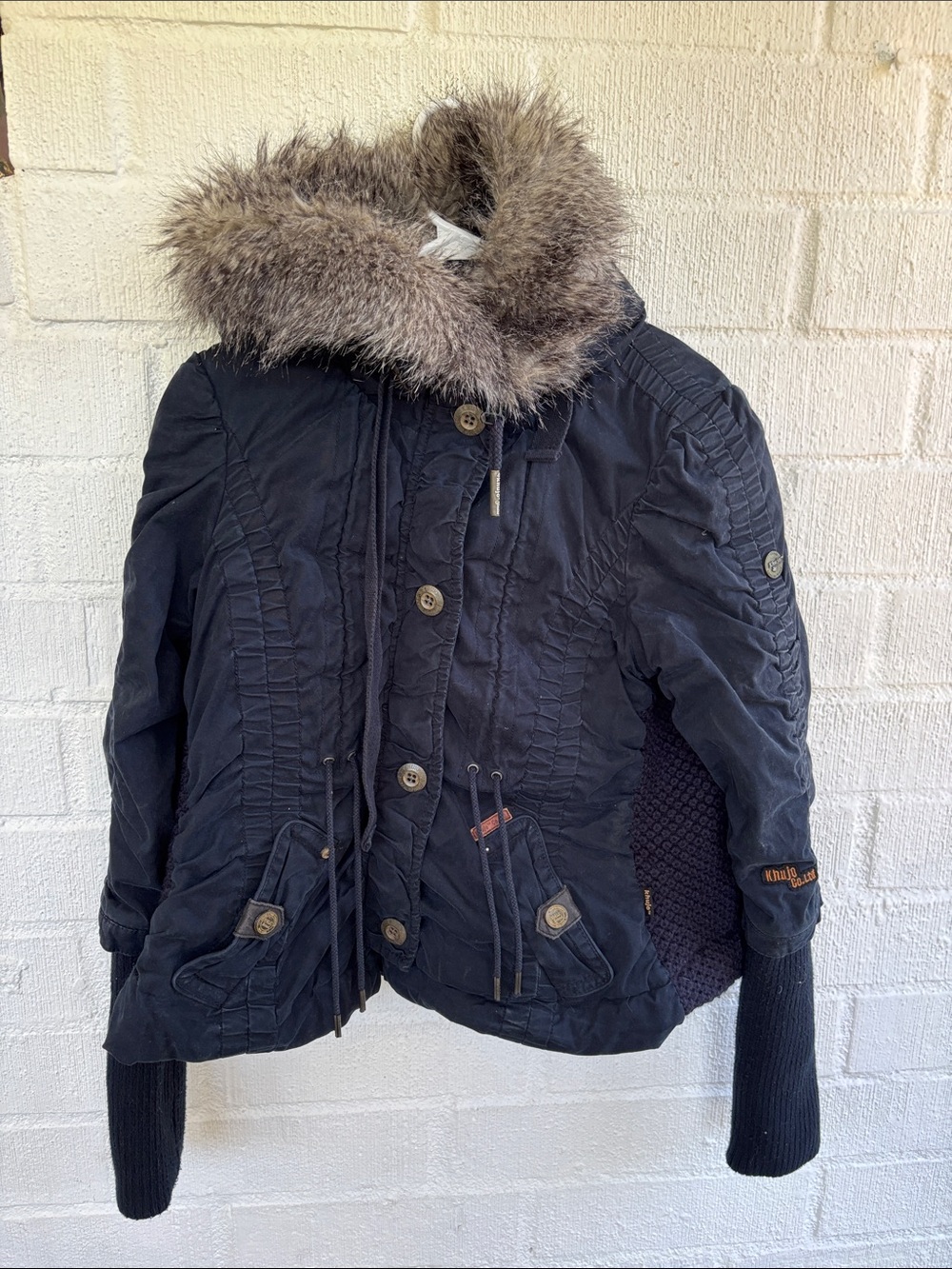 Khujo Genuine Navy Faux-Fur Trim Hooded Puffer Bomber Jacket sz S